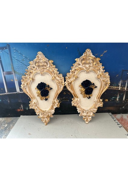 Lacivert Çiçekli Tablo 2li Set