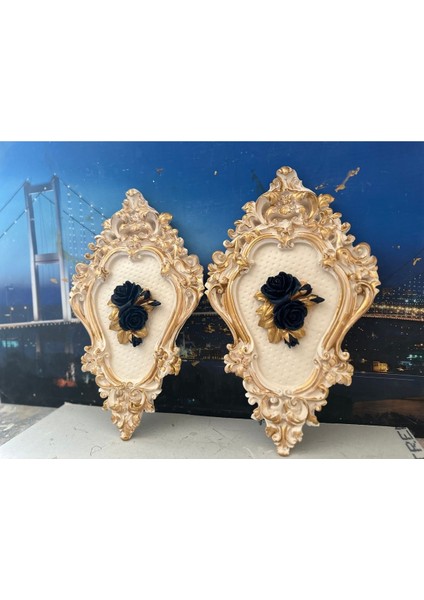 Lacivert Çiçekli Tablo 2li Set fırsatları