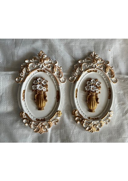 Beyaz Çiçekli El Yapımı Tablo 2li Set 22CM