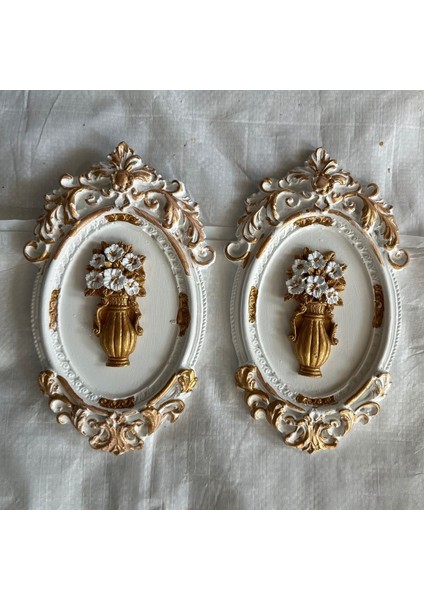 Beyaz Çiçekli El Yapımı Tablo 2li Set 22CM modelleri