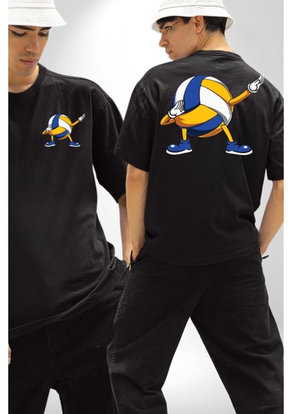 Voleybol Topu Dabbing Siyah Oversize Kadın Erkek Ön ve Sırt Baskılı Tişört fırsatları