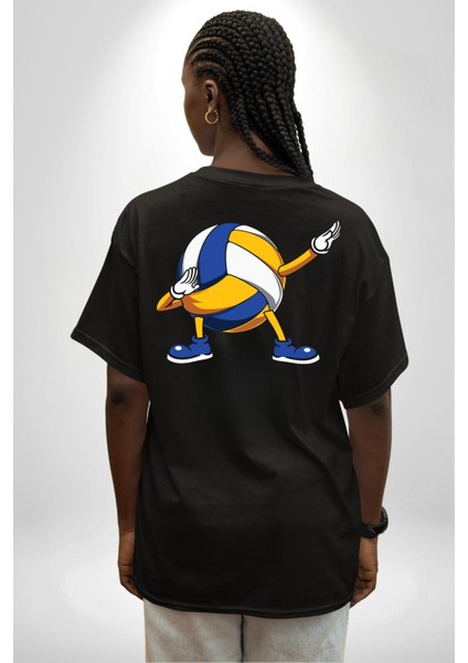 Voleybol Topu Dabbing Siyah Oversize Kadın Erkek Ön ve Sırt Baskılı Tişört indirimleri