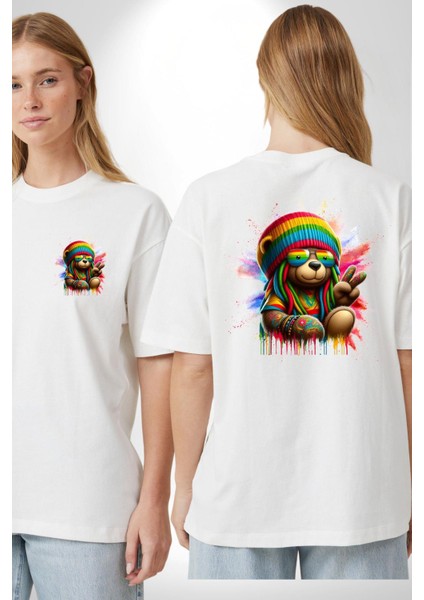Renkli Teddy Bear Rasta Eğlenceli Ayı Beyaz Oversize Kadın Erkek Ön ve Sırt Baskılı Tişört