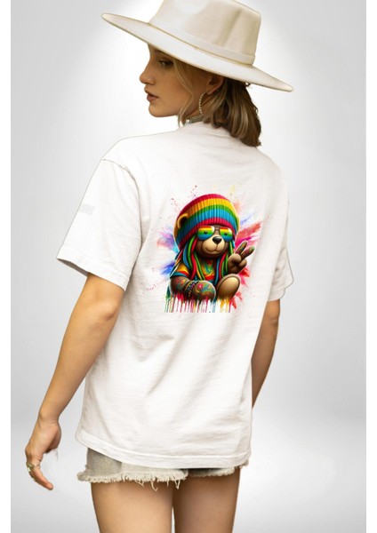 Renkli Teddy Bear Rasta Eğlenceli Ayı Beyaz Oversize Kadın Erkek Ön ve Sırt Baskılı Tişört fiyatları
