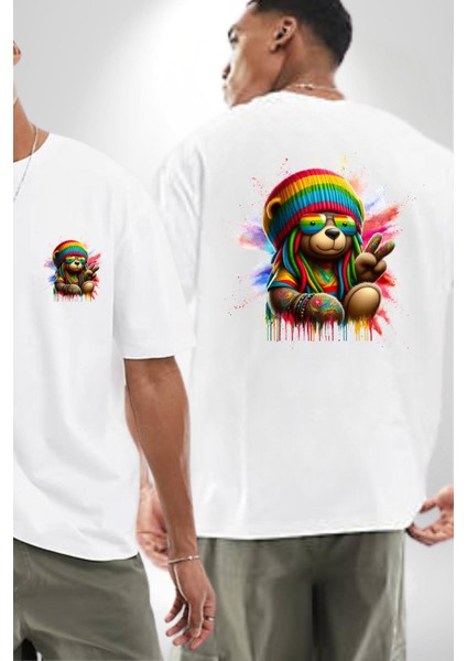 Renkli Teddy Bear Rasta Eğlenceli Ayı Beyaz Oversize Kadın Erkek Ön ve Sırt Baskılı Tişört fırsatları