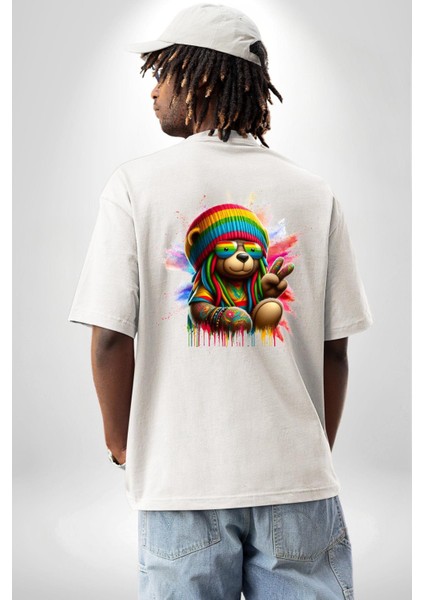 Renkli Teddy Bear Rasta Eğlenceli Ayı Beyaz Oversize Kadın Erkek Ön ve Sırt Baskılı Tişört indirimleri