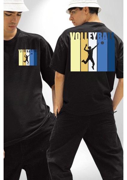 Voleybol Yazılı Renkli Enerjik Tasarım Siyah Oversize Kadın Erkek Ön ve Sırt Baskılı Tişört