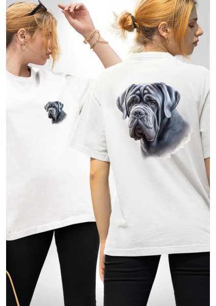 Neapolitan Mastiff Aşkı Büyük Köpek Beyaz Oversize Kadın Erkek Ön ve Sırt Baskılı Tişört