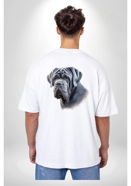Neapolitan Mastiff Aşkı Büyük Köpek Beyaz Oversize Kadın Erkek Ön ve Sırt Baskılı Tişört fiyatları