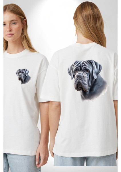 Neapolitan Mastiff Aşkı Büyük Köpek Beyaz Oversize Kadın Erkek Ön ve Sırt Baskılı Tişört fırsatları