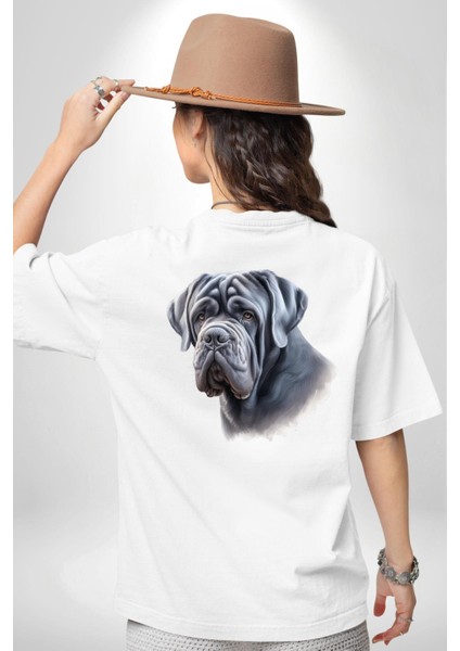 Neapolitan Mastiff Aşkı Büyük Köpek Beyaz Oversize Kadın Erkek Ön ve Sırt Baskılı Tişört indirimleri
