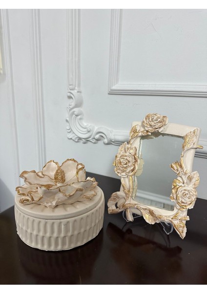 Dekoratif Masa Duvar Aynası ve Dekoratif Manolya Kutusu 20CM 2li Set ,