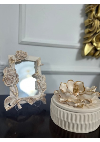 Dekoratif Masa Duvar Aynası ve Dekoratif Manolya Kutusu 20CM 2li Set , fiyatları
