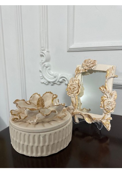 Dekoratif Masa Duvar Aynası ve Dekoratif Manolya Kutusu 20CM 2li Set , modelleri