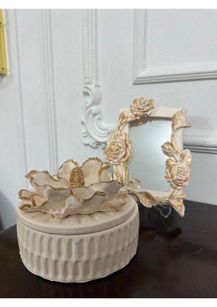 Dekoratif Masa Duvar Aynası ve Dekoratif Manolya Kutusu 20CM 2li Set , fırsatları