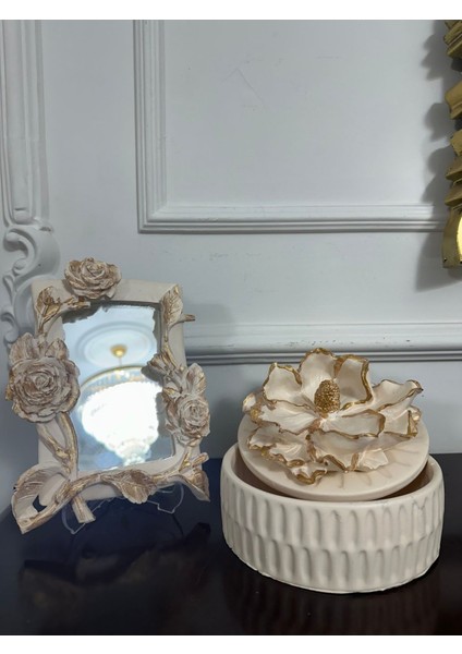 Dekoratif Masa Duvar Aynası ve Dekoratif Manolya Kutusu 20CM 2li Set , indirimleri