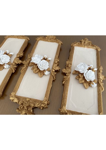 Dekoratif El Yapımı Gül Detaylı 3 Lü Tablo , Gül Tablo