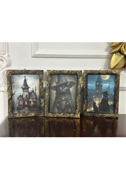 Vintage Tarzı El Yapımı 3lü Dekopaj Tablo 20CM , Kedi Şato Tablo modelleri