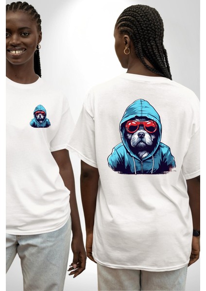 Karizmatik Terrier Gözlüklü Cool Köpek Beyaz Oversize Kadın Erkek Ön ve Sırt Baskılı Tişört fırsatları