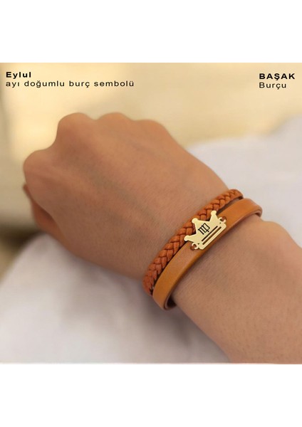 Eylül Ayı Doğumları İçin Kahverengi Derili Taç Motifli 14 Ayar Altın Plakalı Hediye Bileklik-467AY