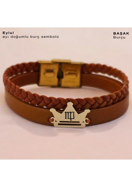 Eylül Ayı Doğumları İçin Kahverengi Derili Taç Motifli 14 Ayar Altın Plakalı Hediye Bileklik-467AY fiyatları