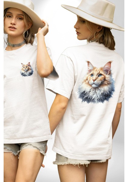 Maine Coon Kedisi Beyaz Oversize Kadın Erkek Ön ve Sırt Baskılı Tişört