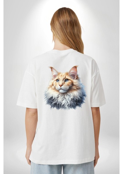 Maine Coon Kedisi Beyaz Oversize Kadın Erkek Ön ve Sırt Baskılı Tişört fiyatları