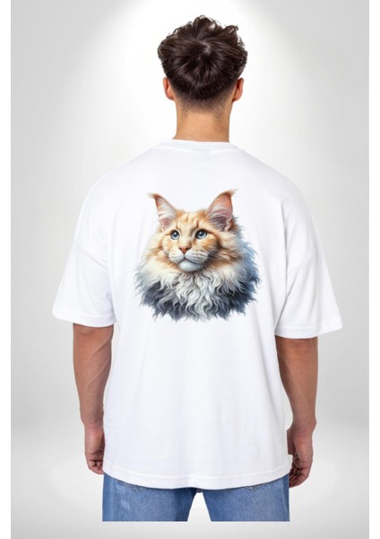 Maine Coon Kedisi Beyaz Oversize Kadın Erkek Ön ve Sırt Baskılı Tişört indirimleri