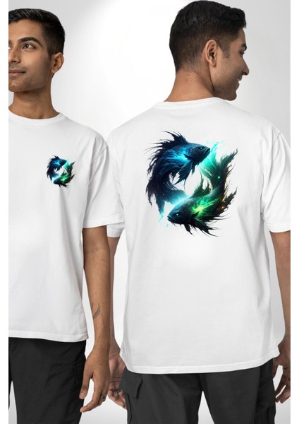 Balık Burçu Özel Tasarım Beyaz Oversize Kadın Erkek Ön ve Sırt Baskılı Tişört