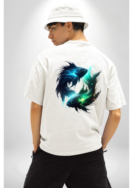 Balık Burçu Özel Tasarım Beyaz Oversize Kadın Erkek Ön ve Sırt Baskılı Tişört fiyatları