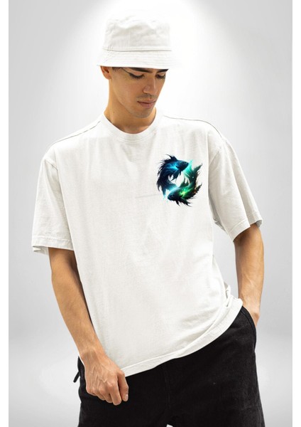 Balık Burçu Özel Tasarım Beyaz Oversize Kadın Erkek Ön ve Sırt Baskılı Tişört modelleri