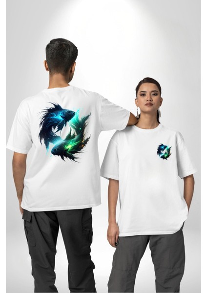 Balık Burçu Özel Tasarım Beyaz Oversize Kadın Erkek Ön ve Sırt Baskılı Tişört fırsatları