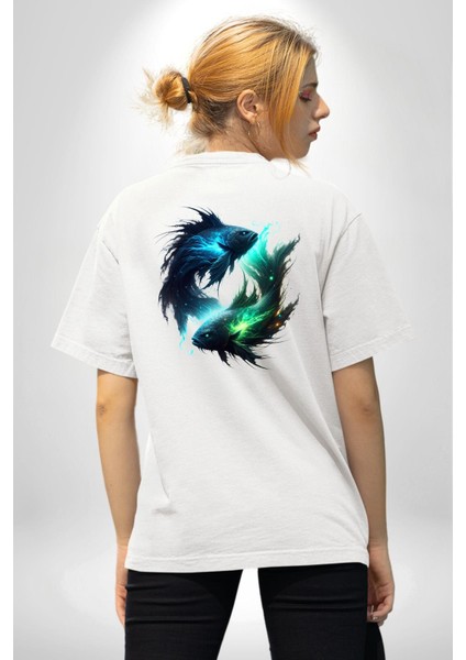 Balık Burçu Özel Tasarım Beyaz Oversize Kadın Erkek Ön ve Sırt Baskılı Tişört indirimleri