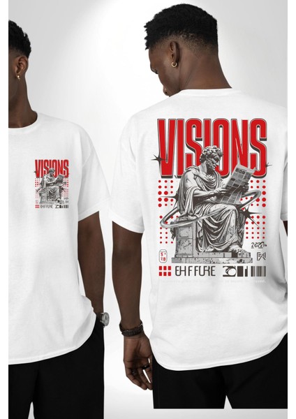 Vizyon Yunan Felsefesi Beyaz Oversize Kadın Erkek Ön ve Sırt Baskılı Tişört
