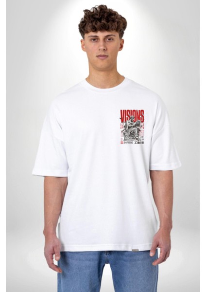 Vizyon Yunan Felsefesi Beyaz Oversize Kadın Erkek Ön ve Sırt Baskılı Tişört modelleri