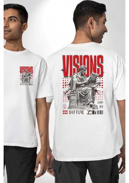 Vizyon Yunan Felsefesi Beyaz Oversize Kadın Erkek Ön ve Sırt Baskılı Tişört fırsatları