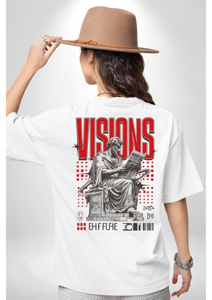 Vizyon Yunan Felsefesi Beyaz Oversize Kadın Erkek Ön ve Sırt Baskılı Tişört indirimleri