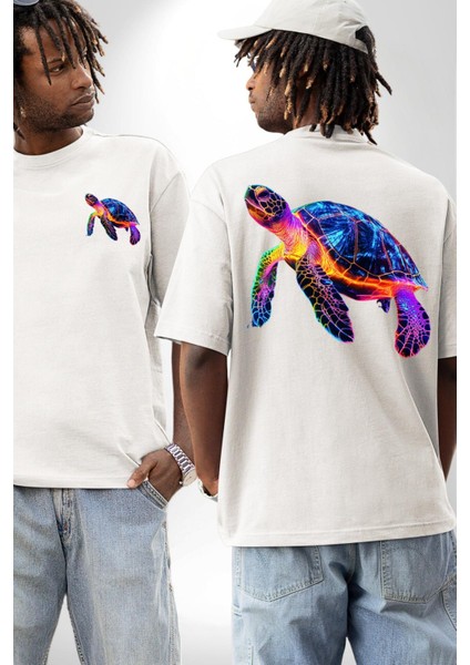 Neon Kaplumbağa Beyaz Oversize Kadın Erkek Ön ve Sırt Baskılı Tişört