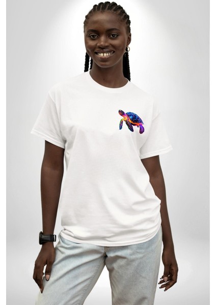 Neon Kaplumbağa Beyaz Oversize Kadın Erkek Ön ve Sırt Baskılı Tişört modelleri