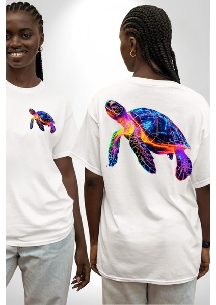 Neon Kaplumbağa Beyaz Oversize Kadın Erkek Ön ve Sırt Baskılı Tişört fırsatları