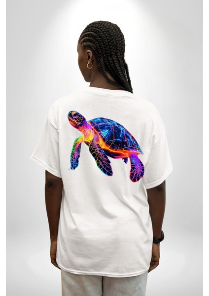 Neon Kaplumbağa Beyaz Oversize Kadın Erkek Ön ve Sırt Baskılı Tişört indirimleri