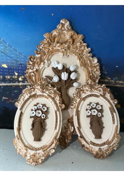 Krem-Kahve Çiçekli Tablo 3lü Set