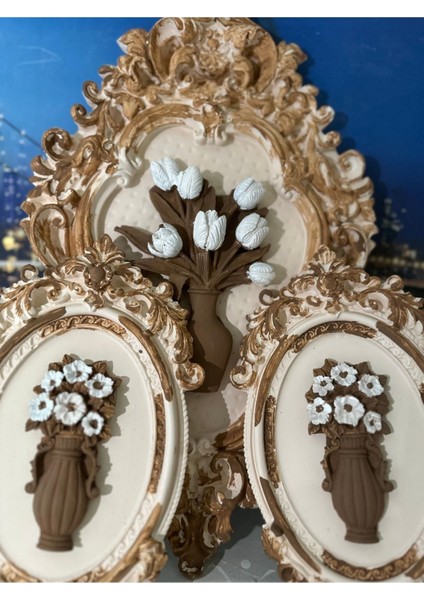 Krem-Kahve Çiçekli Tablo 3lü Set fiyatları