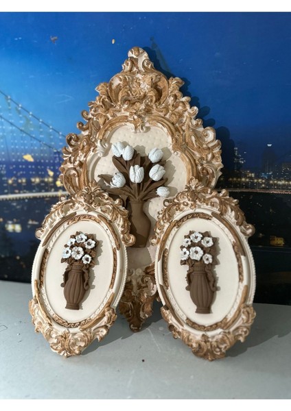 Krem-Kahve Çiçekli Tablo 3lü Set modelleri