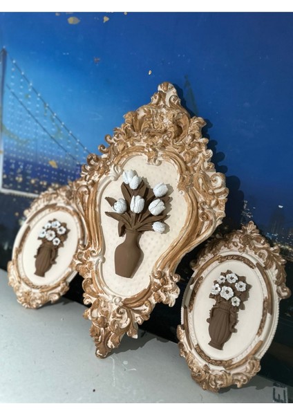 Krem-Kahve Çiçekli Tablo 3lü Set indirimleri