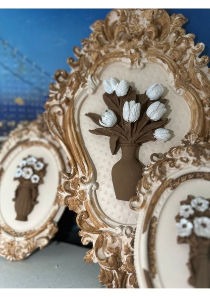 Krem-Kahve Çiçekli Tablo 3lü Set