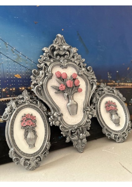 Çiçekli Duvar Tablosu El Yapımı Dekoratif Tablo 3lü Set fiyatları
