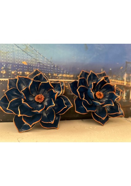 Lotus Duvar Çiçek Dekoratif Mavi-Bakır 2li Duvar Çiçek 30CM