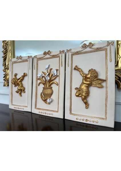 Çiçekli ve Melekli Tablo 3 Lü Set , Büyük Boy Duvar Dekoratif Tablo 50CM