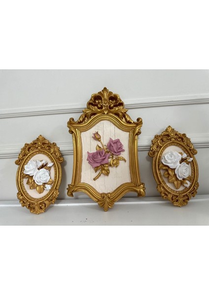 Çiçekli Duvar Tablosu 3lü Set , Büyük 40 cm Orta Boy 23CM